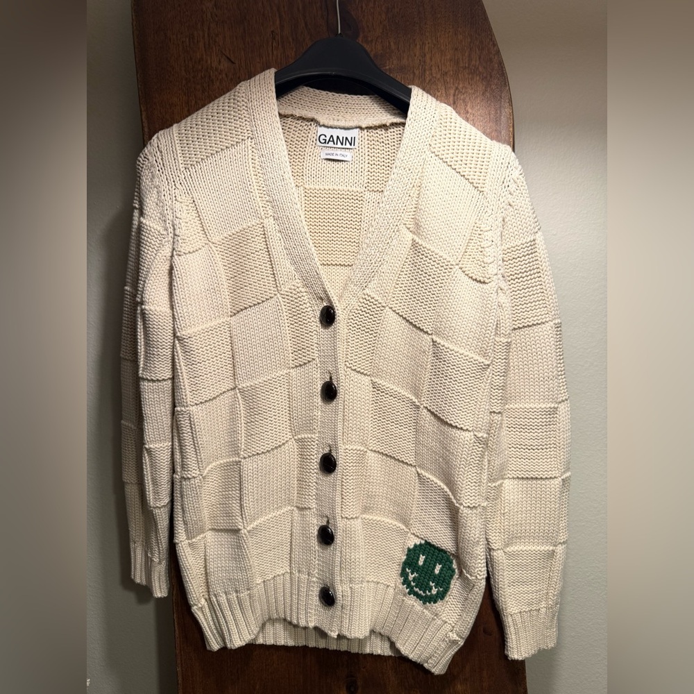 GANNI SMILEY POPLIN COLLAR CARDIGAN- xxs, fits s/m too. Note: collar taken off